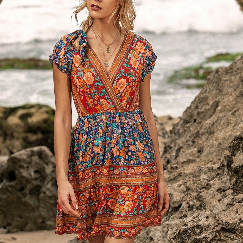 floral print v neck ruffle boho gypsy mini dress - Picture 5 of 13